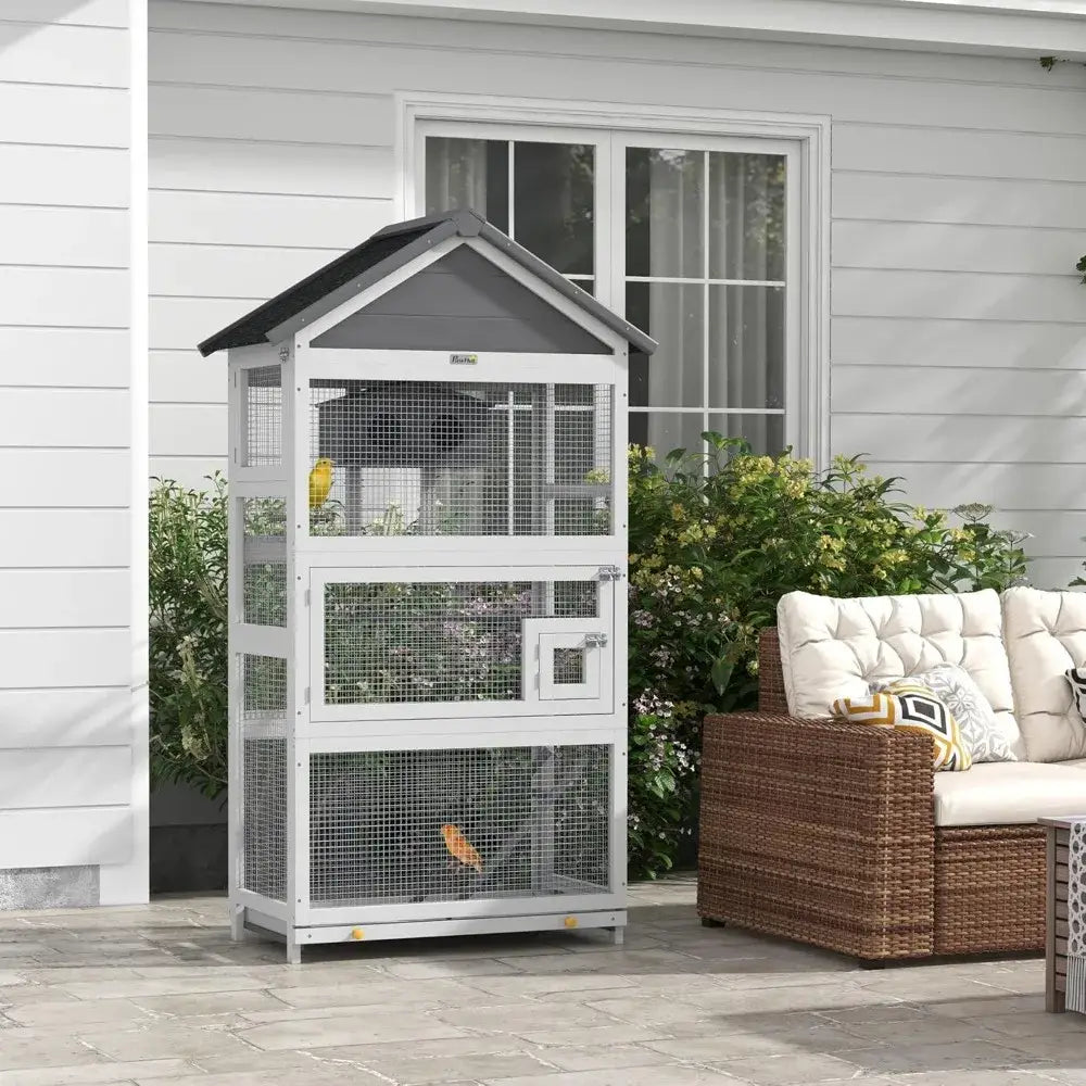 Modern gray wooden bird aviary garden multi level outdoor cage