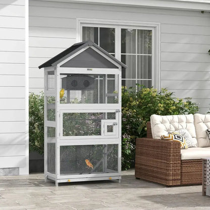 Modern gray wooden bird aviary garden multi level outdoor cage