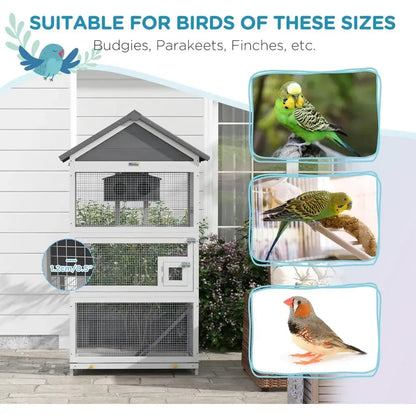 Modern gray wooden bird aviary garden multi level outdoor cage
