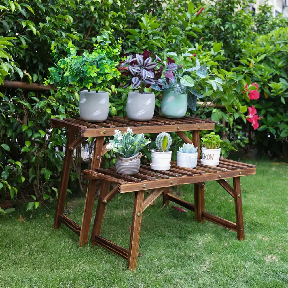 Rustic brown 3 tier wooden plant stand living room slatted shelf