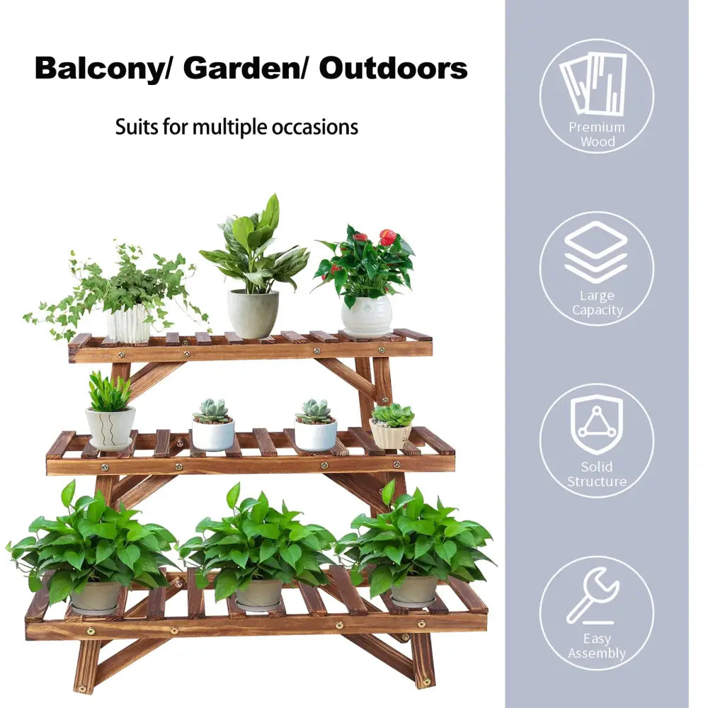 Rustic brown 3 tier wooden plant stand living room slatted shelf