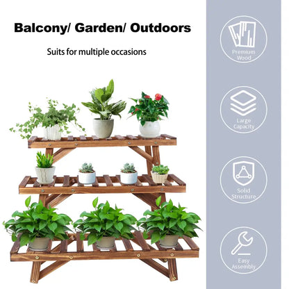 Rustic brown 3 tier wooden plant stand living room slatted shelf