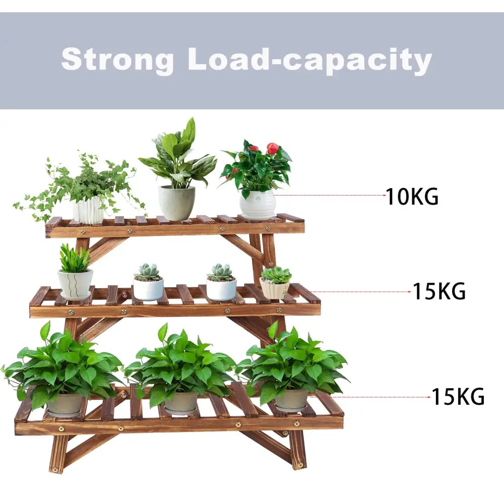 Rustic brown 3 tier wooden plant stand living room slatted shelf