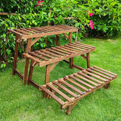 Rustic brown 3 tier wooden plant stand living room slatted shelf