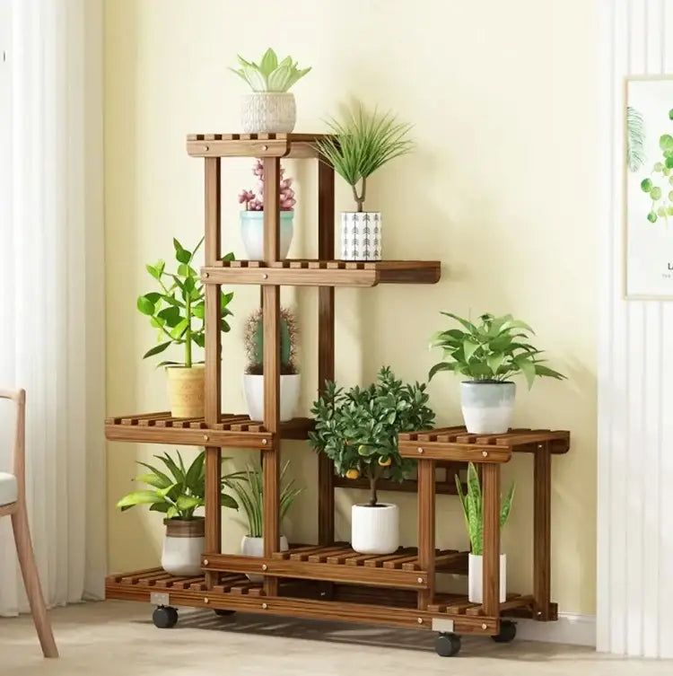 Rustic brown 6 tier wood plant stand with casters for living room