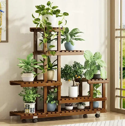 Rustic brown 6 tier wood plant stand with casters for living room