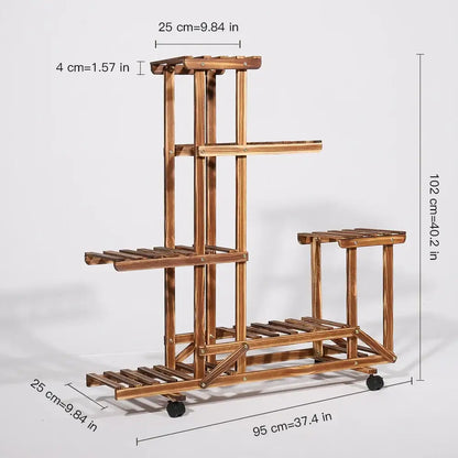 Rustic brown 6 tier wood plant stand with casters for living room