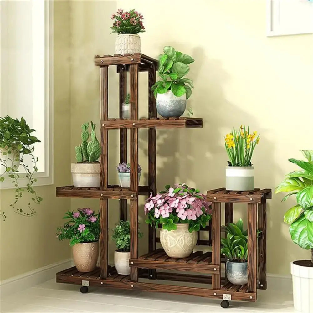 Rustic brown 6 tier wood plant stand with casters for living room