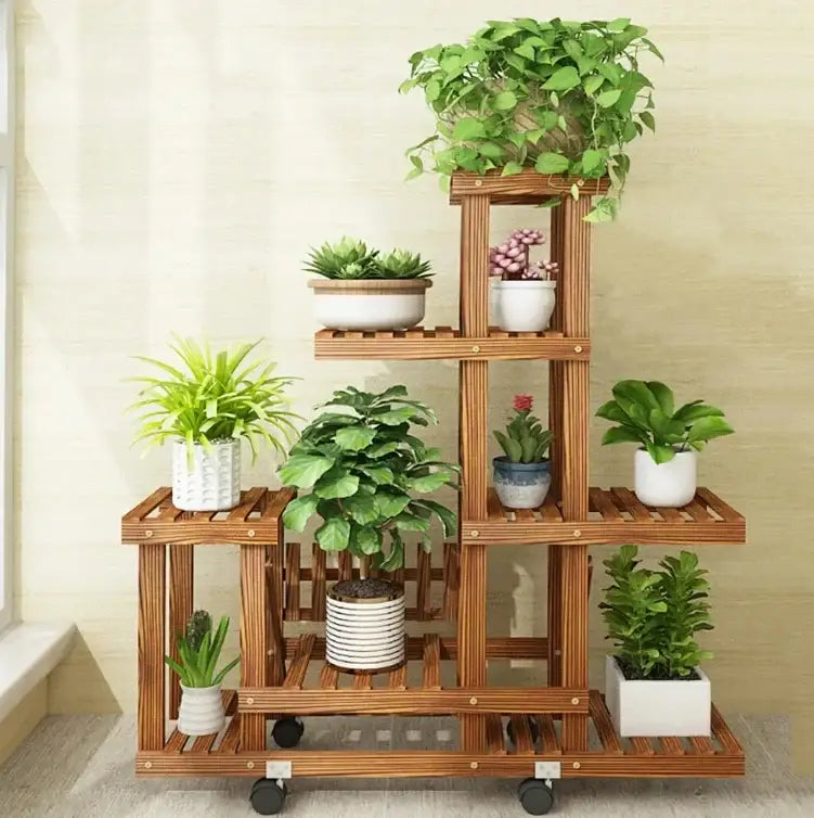 Rustic brown 6 tier wood plant stand with casters for living room