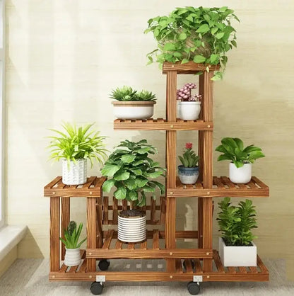 Rustic brown 6 tier wood plant stand with casters for living room
