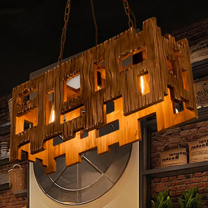 DecorBites™ Wooden Rectangle Restaurant Island Chandelier Pendant with Hollow Out Design - Brown, 2/3 Bulbs, Countryside Style