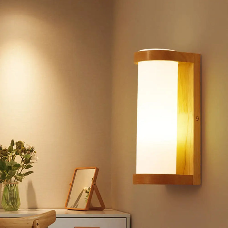 DecorBites™ Wooden Rectangle Sconce Lamp with Opal Glass Shade - Simple Corner Wall Mount Lighting
