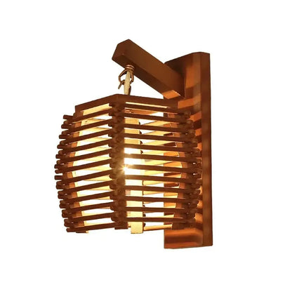 Woven bamboo wall sconce light for corridor and cafe warm wood tone