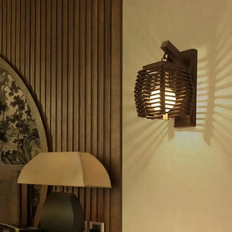 Woven bamboo wall sconce light for corridor and cafe warm wood tone