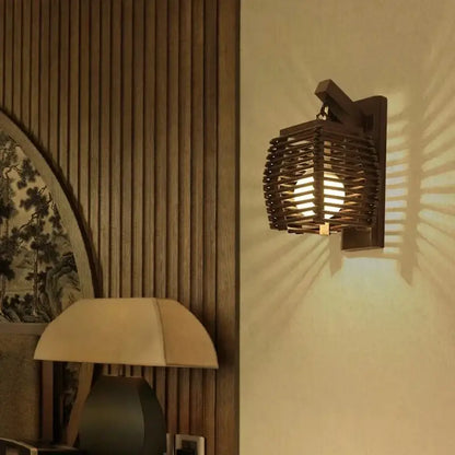 Woven bamboo wall sconce light for corridor and cafe warm wood tone