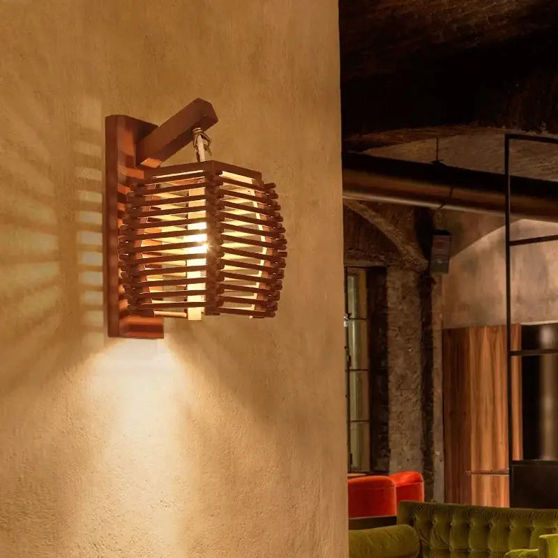 Woven bamboo wall sconce light for corridor and cafe warm wood tone