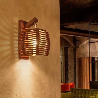 Woven bamboo wall sconce light for corridor and cafe warm wood tone