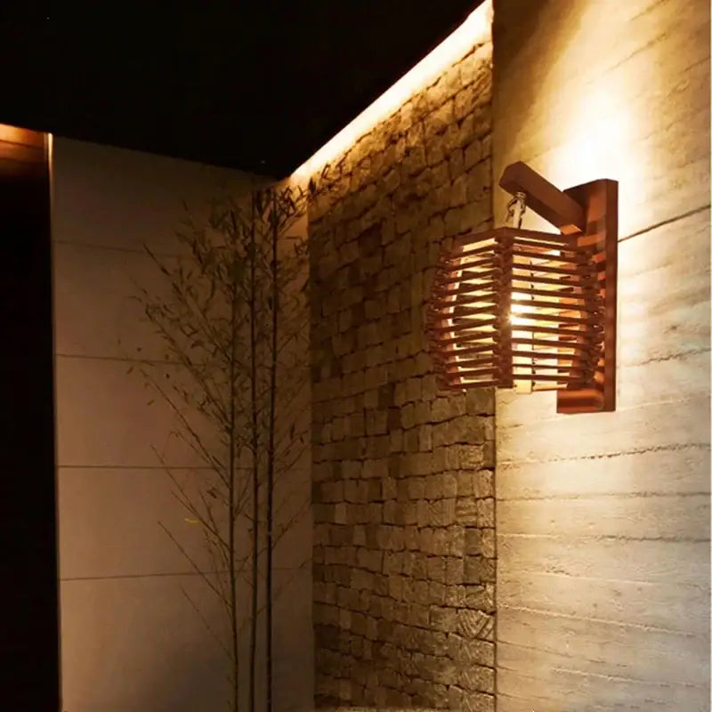 Woven bamboo wall sconce light for corridor and cafe warm wood tone