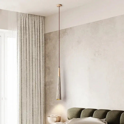 Woven beige pendant light with wood accents for bedroom