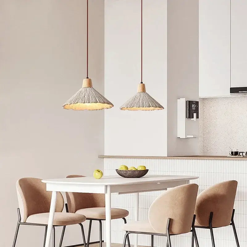 Woven beige pendant light with wood accents for bedroom