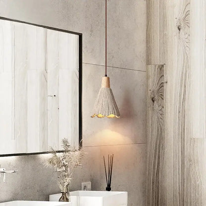 Woven beige pendant light with wood accents for bedroom