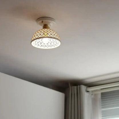 Woven ceramic led ceiling lamp – bedroom brass lattice dome
