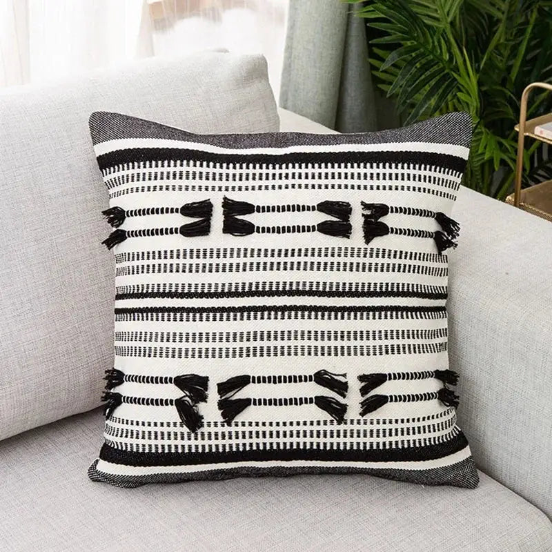 Woven geometric tassels cushion cover yellow & black living room pillow