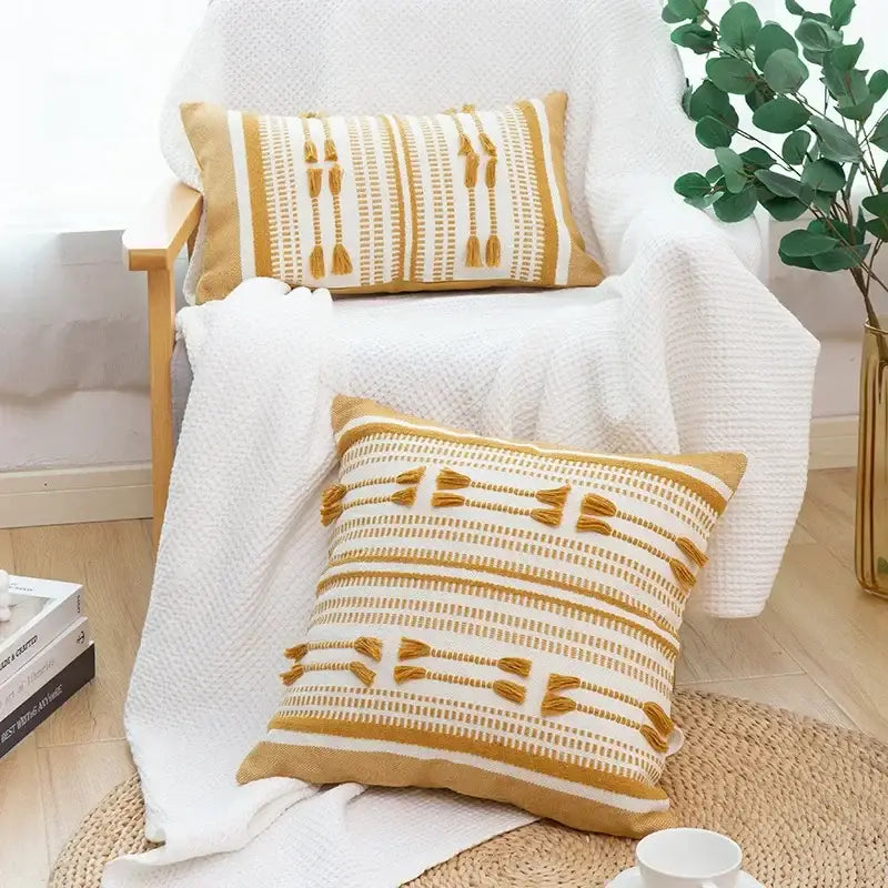 Woven geometric tassels cushion cover yellow & black living room pillow