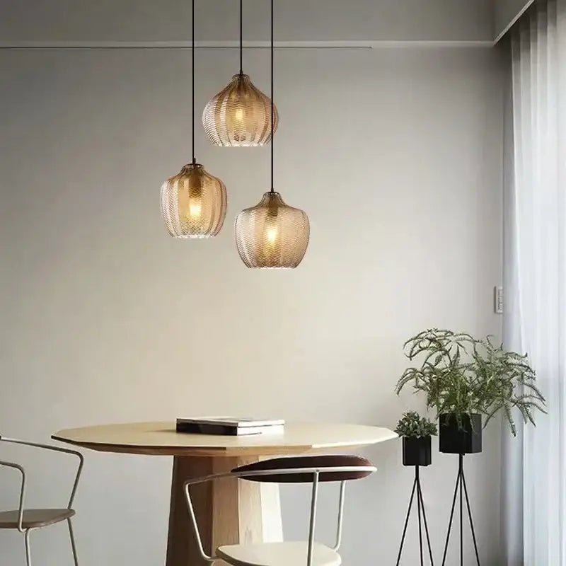 Woven gold glass pendant lights for kitchen and dining room