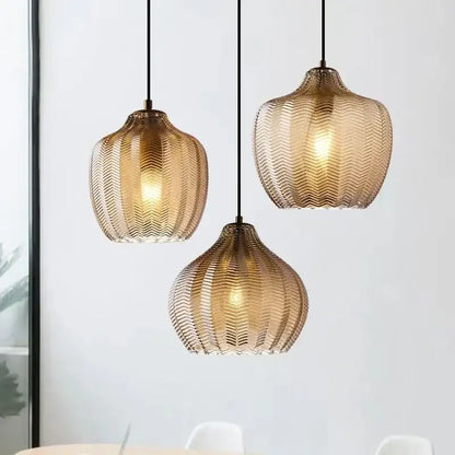 Woven gold glass pendant lights for kitchen and dining room
