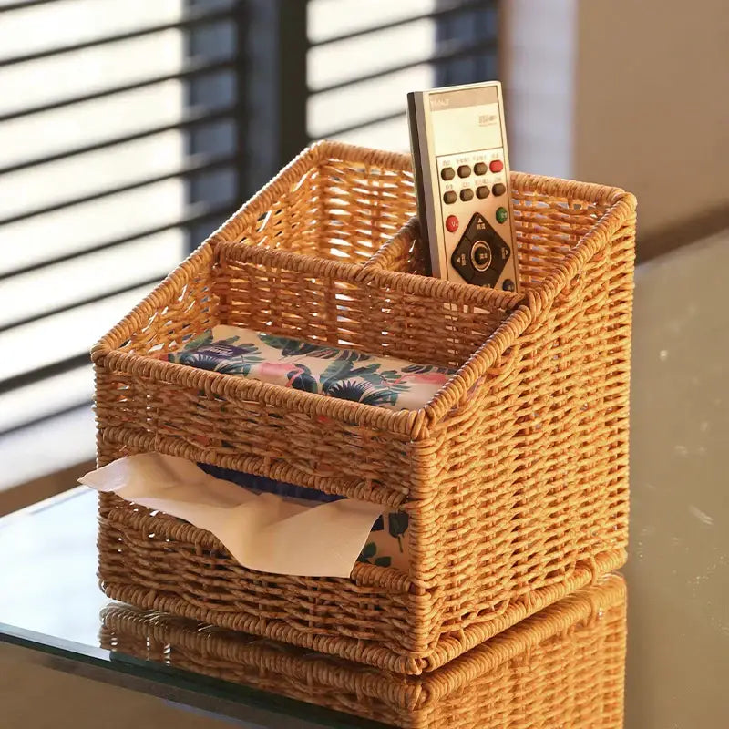 Woven tan desktop tissue box pen holder – living room organizer