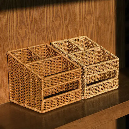 Woven tan desktop tissue box pen holder – living room organizer