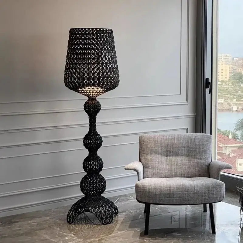 Woven white acrylic kabuki floor lamp for living room