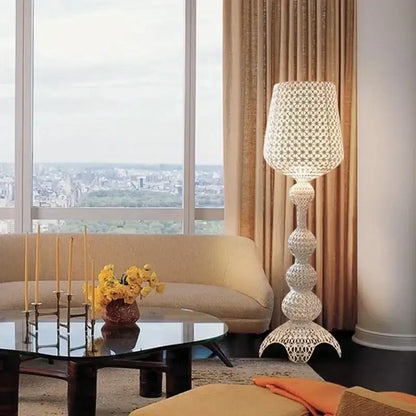 Woven white acrylic kabuki floor lamp for living room