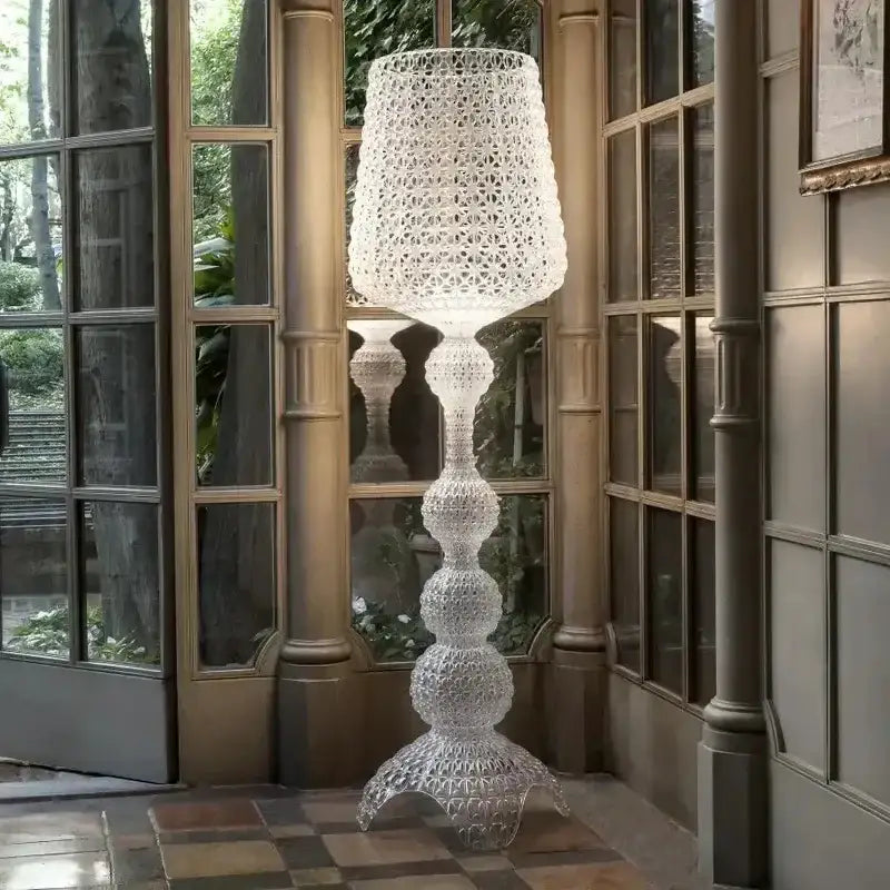 Woven white acrylic kabuki floor lamp for living room