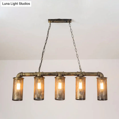 DecorBites™ Wrought Iron Pipe Pendant Lighting with 5 Heads - Warehouse Brass Ceiling Light for Restaurant, Kitchen Island - Cylinder Mesh Shade