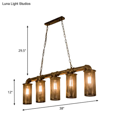 DecorBites™ Wrought Iron Pipe Pendant Lighting with 5 Heads - Warehouse Brass Ceiling Light for Restaurant, Kitchen Island - Cylinder Mesh Shade