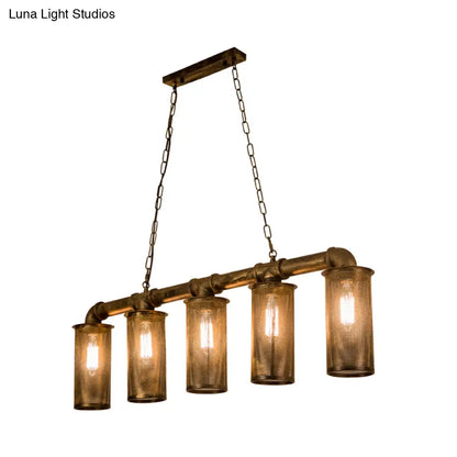 DecorBites™ Wrought Iron Pipe Pendant Lighting with 5 Heads - Warehouse Brass Ceiling Light for Restaurant, Kitchen Island - Cylinder Mesh Shade