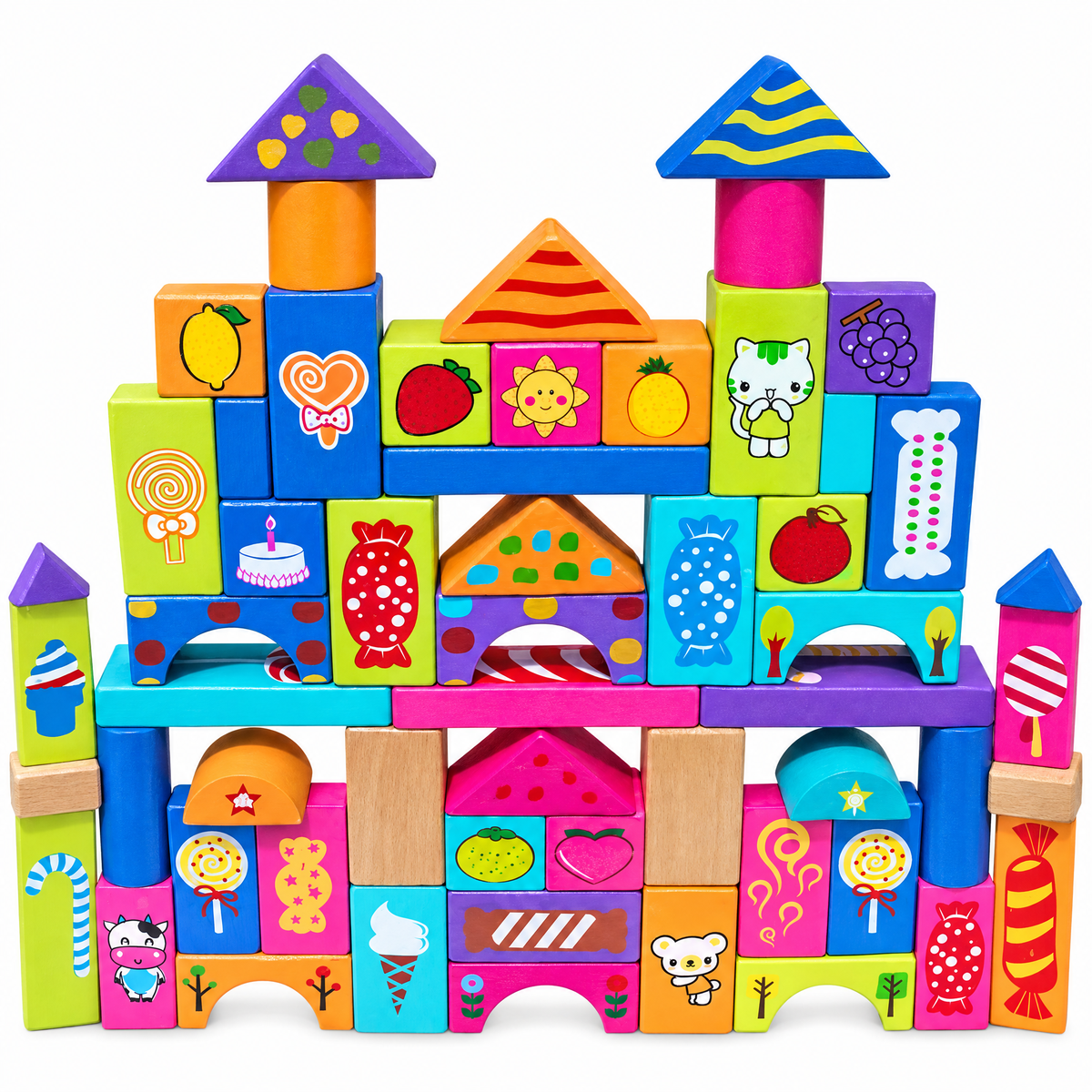 Set of 90 Colorful Wooden Building Blocks Educational Stacking Toy Castle