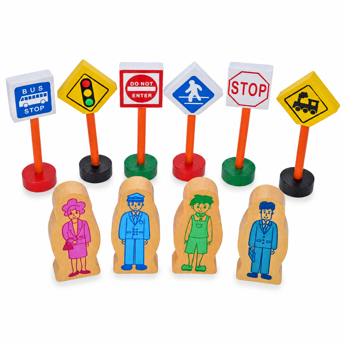 Set of 40 Pieces City Vehicles, Buildings, and Signs Wooden Blocks