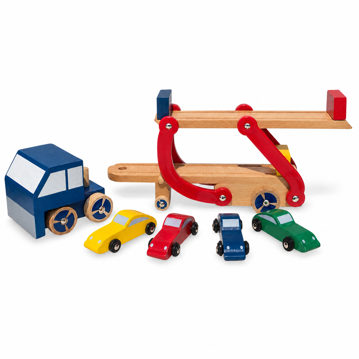 Set of Wooden Truck with Trailer and 4 Cars