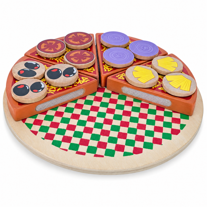 Set of 27 Wooden Pieces Make a Pizza with Toppings & Kitchen Tools