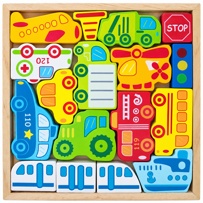 Cars, Ship, Plane, Helicopter and Sign Learning Wooden Blocks Puzzle