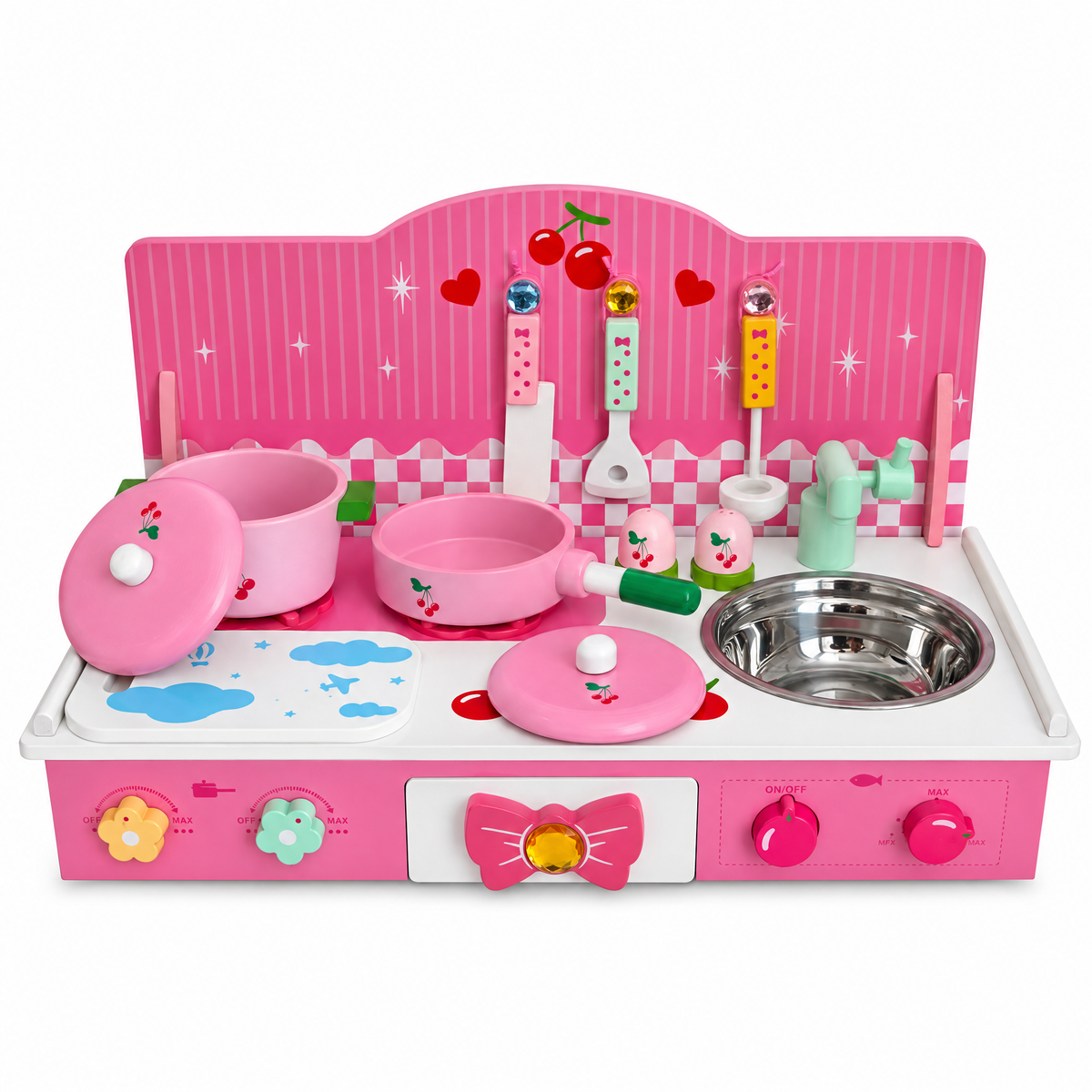 Wooden Pink Toy Kitchen Play Set 22 Inches