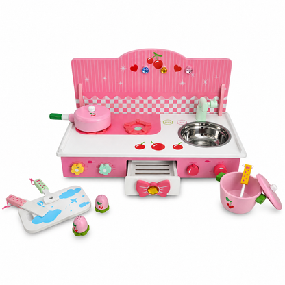 Wooden Pink Toy Kitchen Play Set 22 Inches