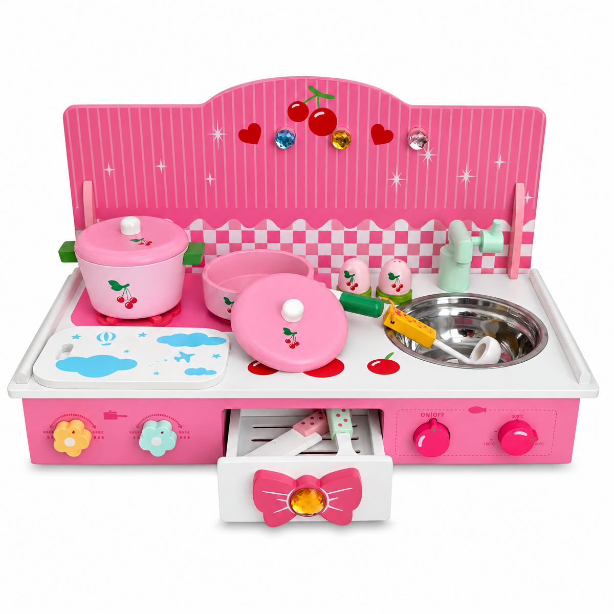 Wooden Pink Toy Kitchen Play Set 22 Inches