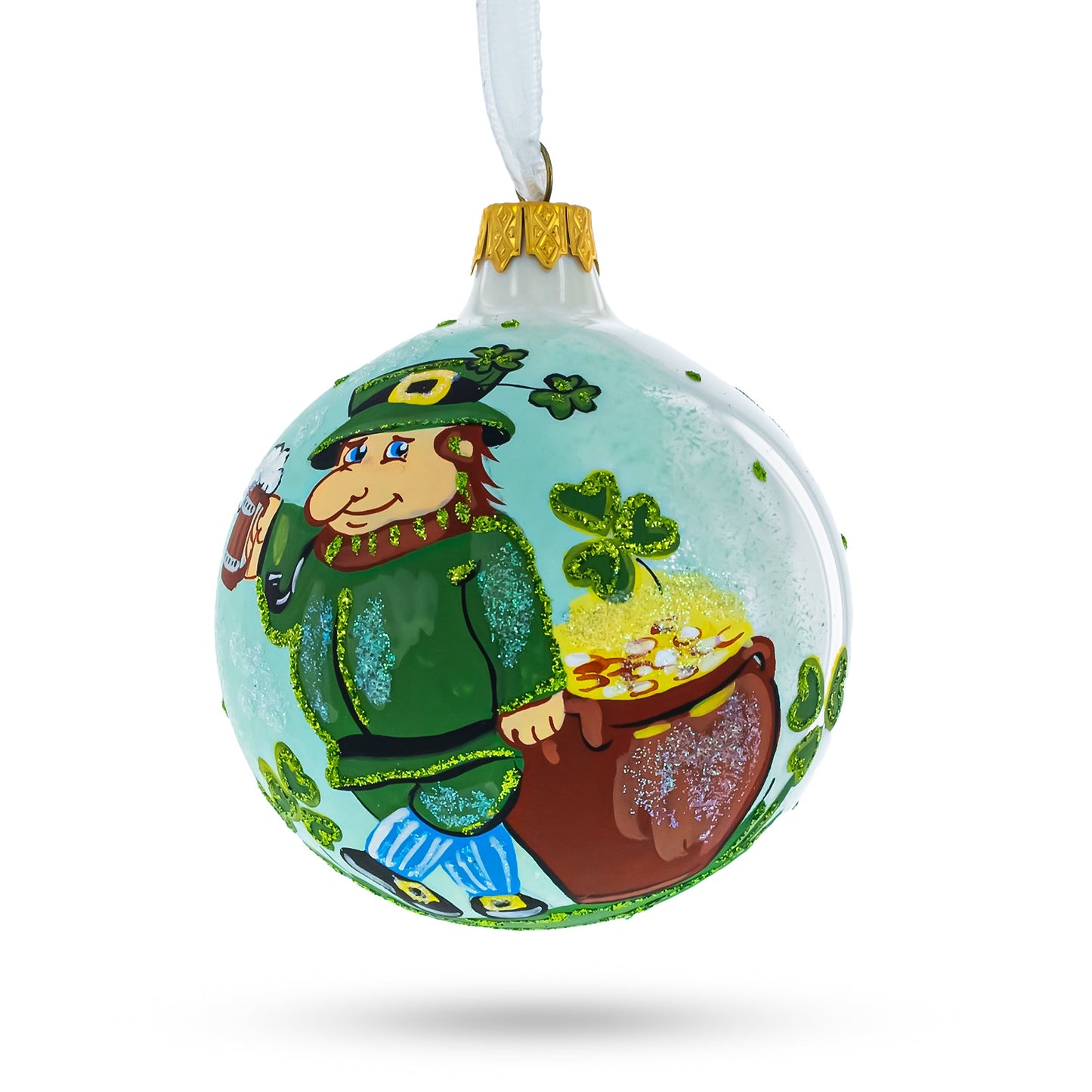 Charming Irish Leprechaun Glass Christmas Ornament 4 Inches