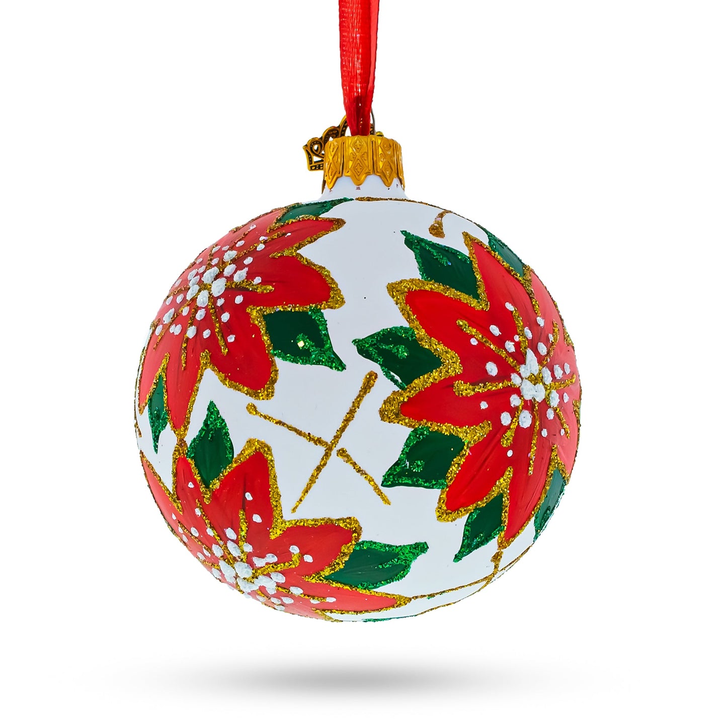 Poinsettia Flowers on White Glass Ball Christmas Ornament 3.25 Inches