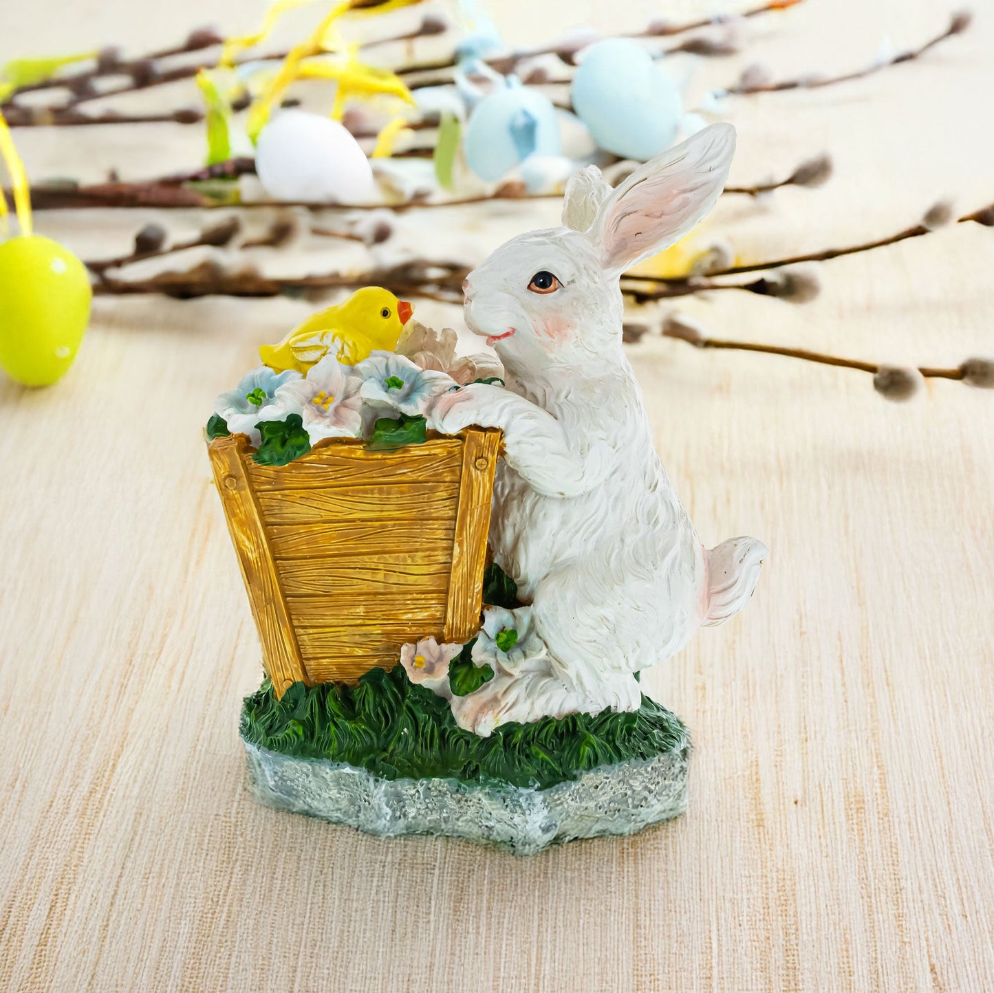 Hand Painted Bunny with Yellow Chick Easter Tabletop Decor 7 Inches Tall