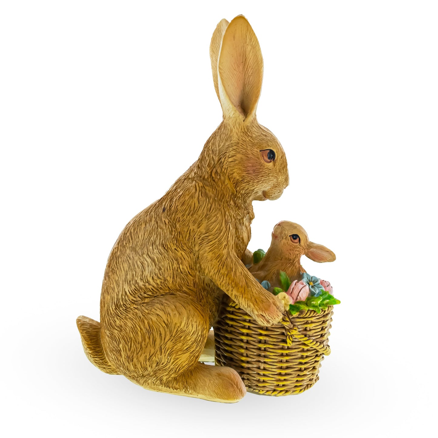 Mother & Baby Bunny Figurine Rustic Easter & Spring Decor with Floral Basket 7.4 Inches